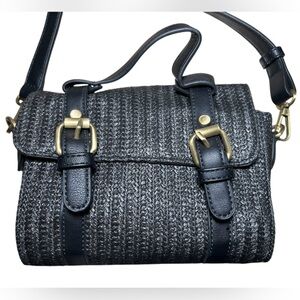 Anthropologie mini black woven crossbody faux leather adjustable strap purse